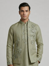 Dusty pista green embroidered festive waistcoat set in silk