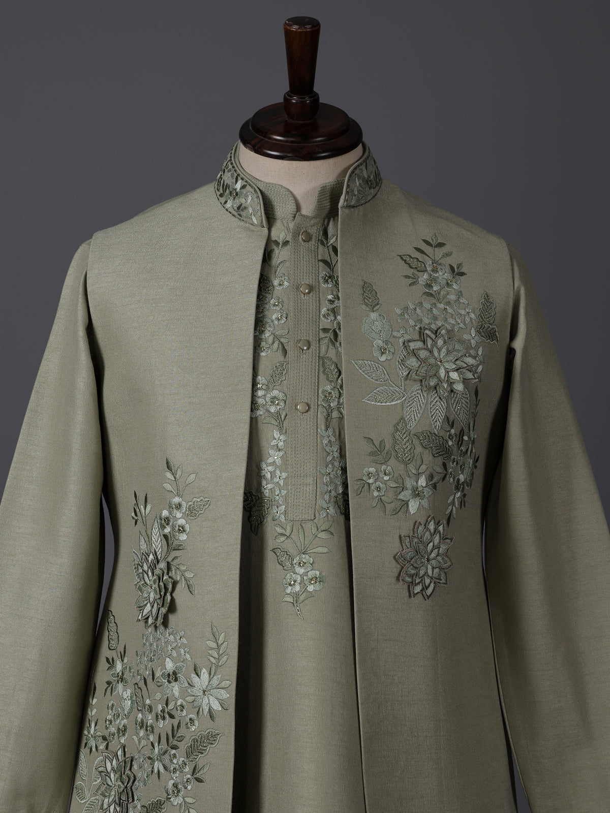 Dusty pista green embroidered festive waistcoat set in silk