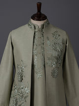 Dusty pista green embroidered festive waistcoat set in silk