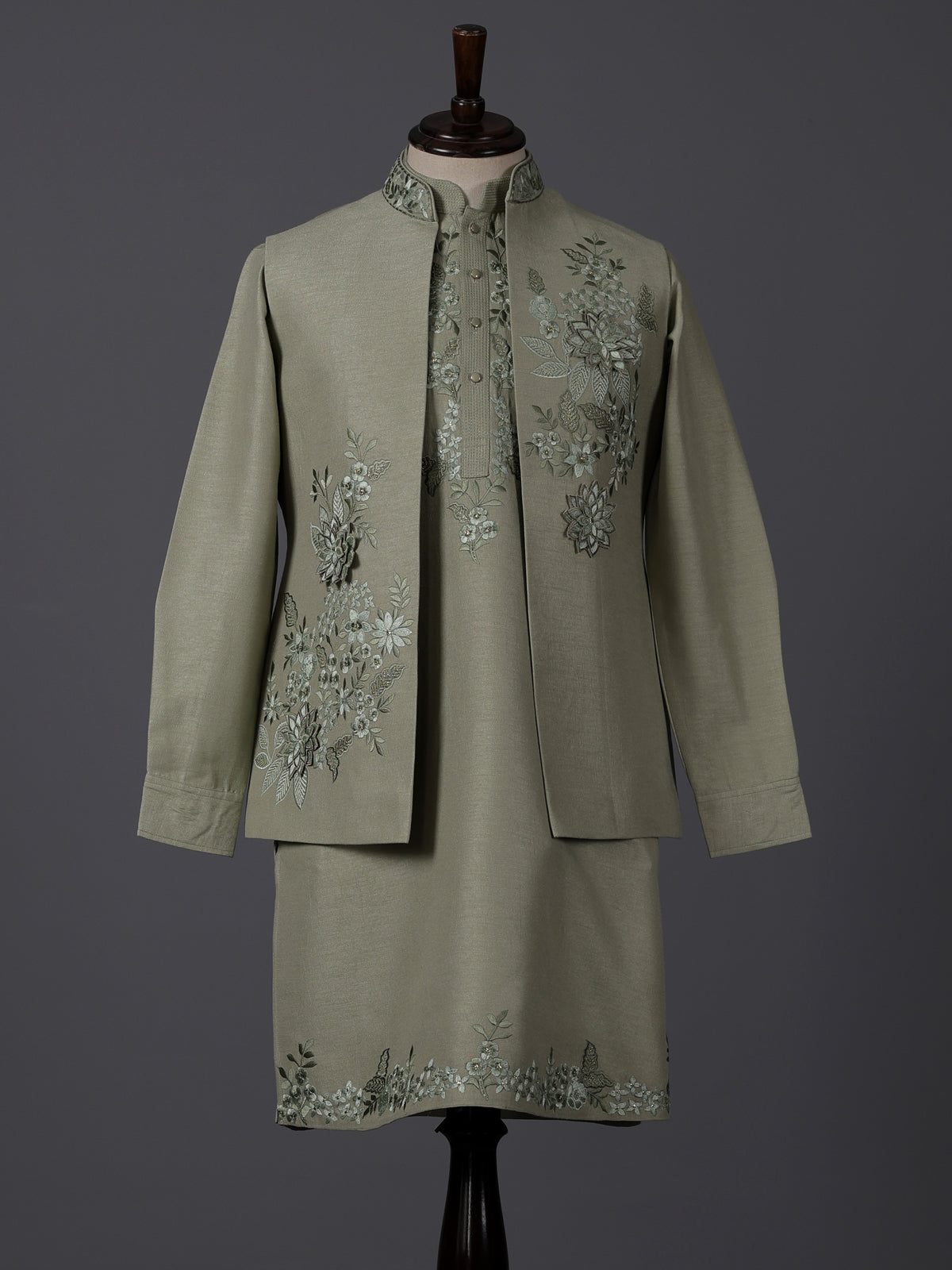 Dusty pista green embroidered festive waistcoat set in silk