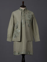 Dusty pista green embroidered festive waistcoat set in silk