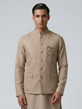 Beige linen zardosi embellished festive waistcoat set