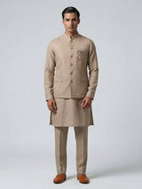 Beige linen zardosi embellished festive waistcoat set
