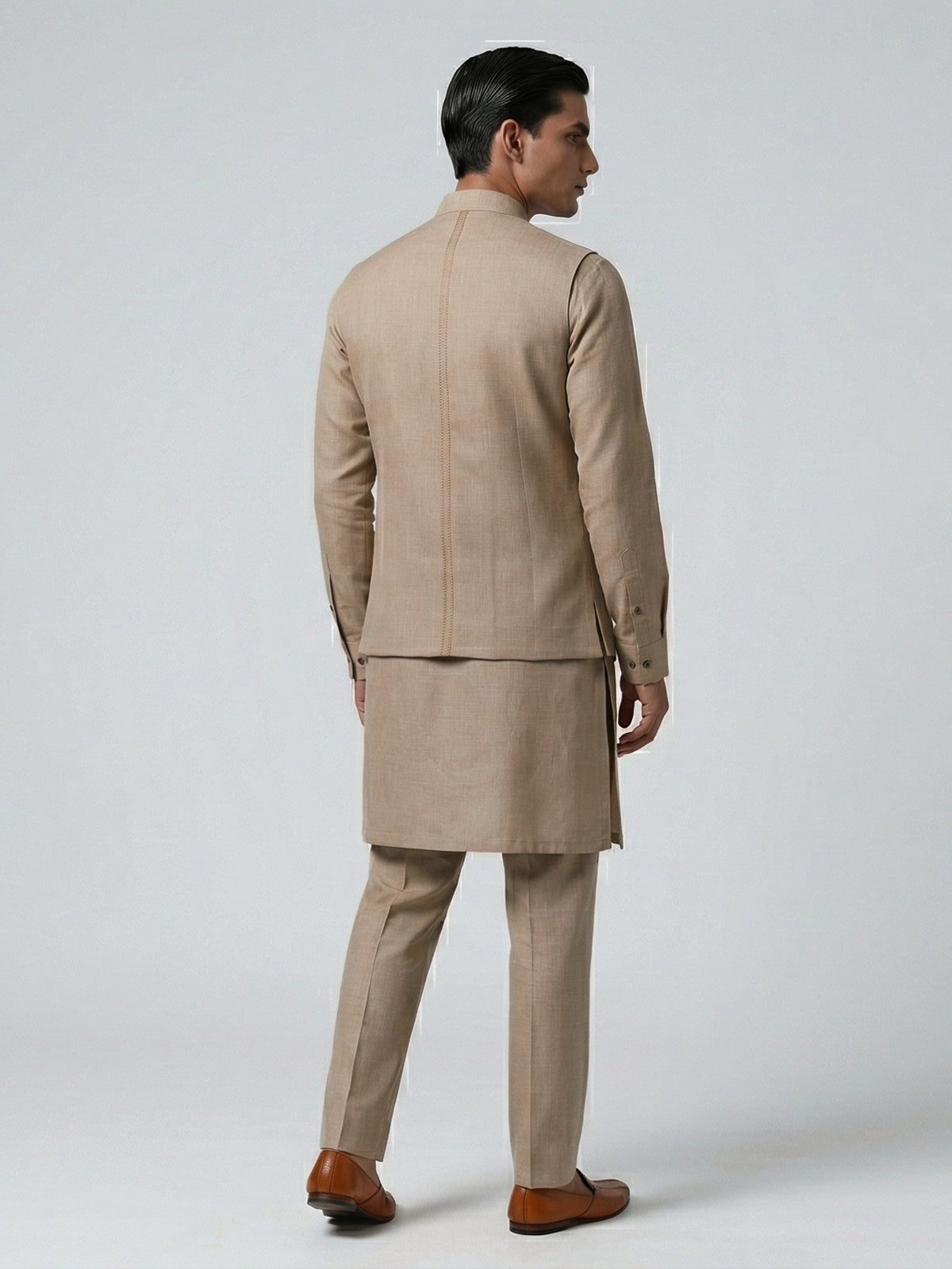 Beige linen zardosi embellished festive waistcoat set