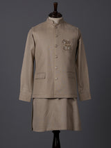 Beige linen zardosi embellished festive waistcoat set