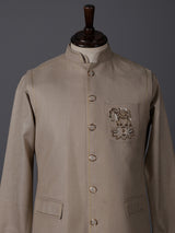 Beige linen zardosi embellished festive waistcoat set