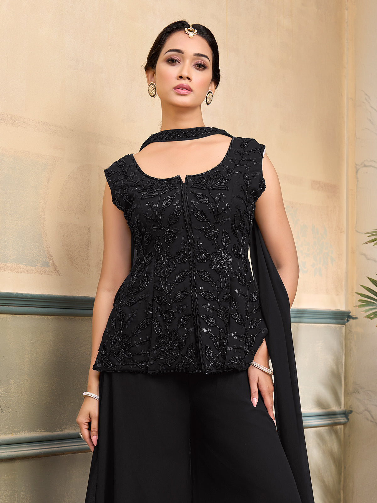Black georgette embellished sleeveless festive palazzo suit