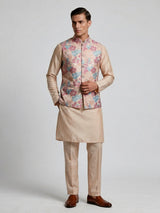Multicolor silk printed resham festive waistcoat set