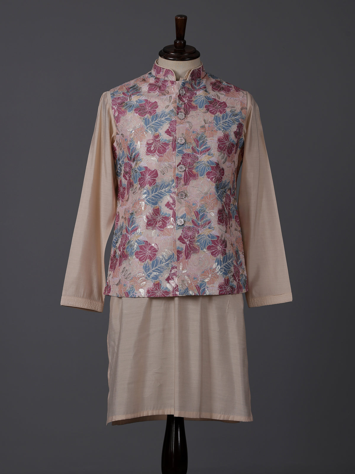 Multicolor silk printed resham festive waistcoat set