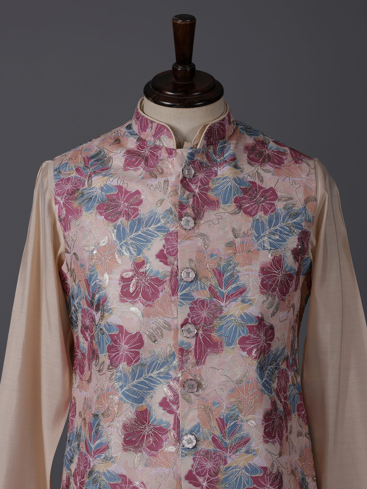 Multicolor silk printed resham festive waistcoat set