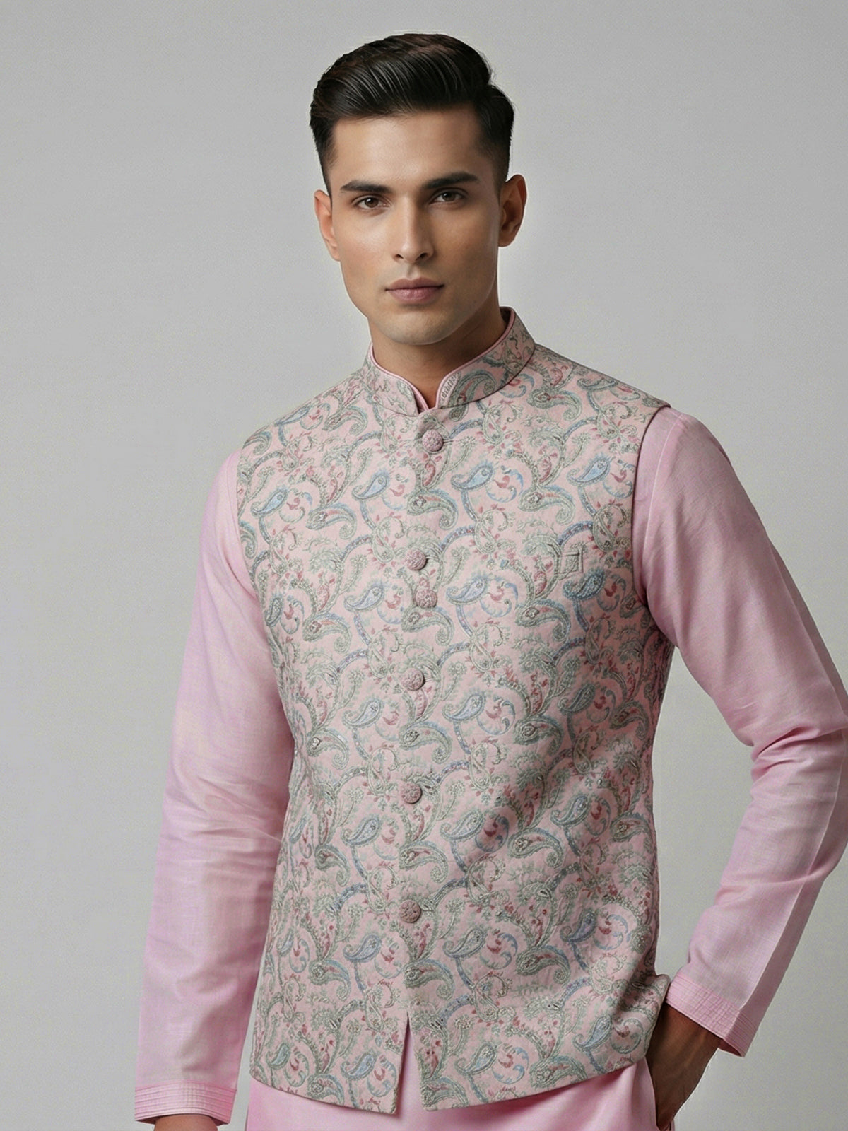 Light pink silk printed sequins festive waistcoat set