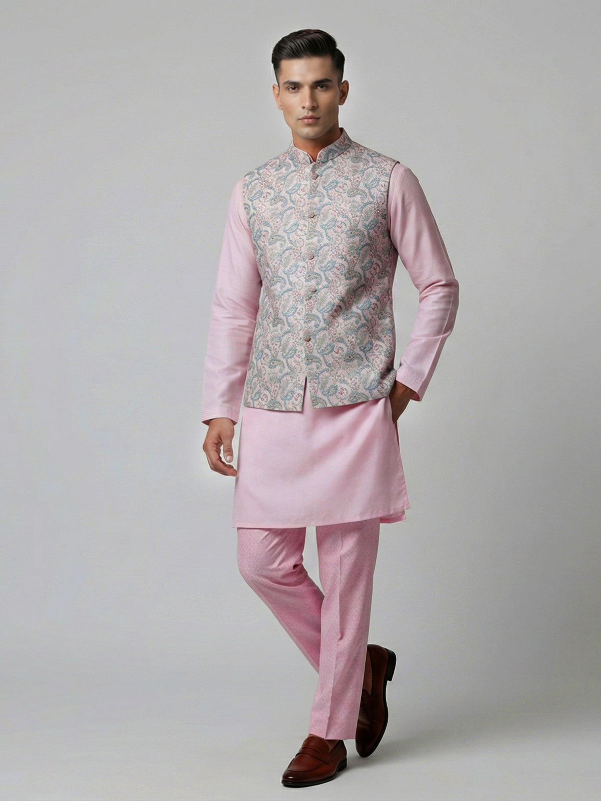 Light pink silk printed sequins festive waistcoat set