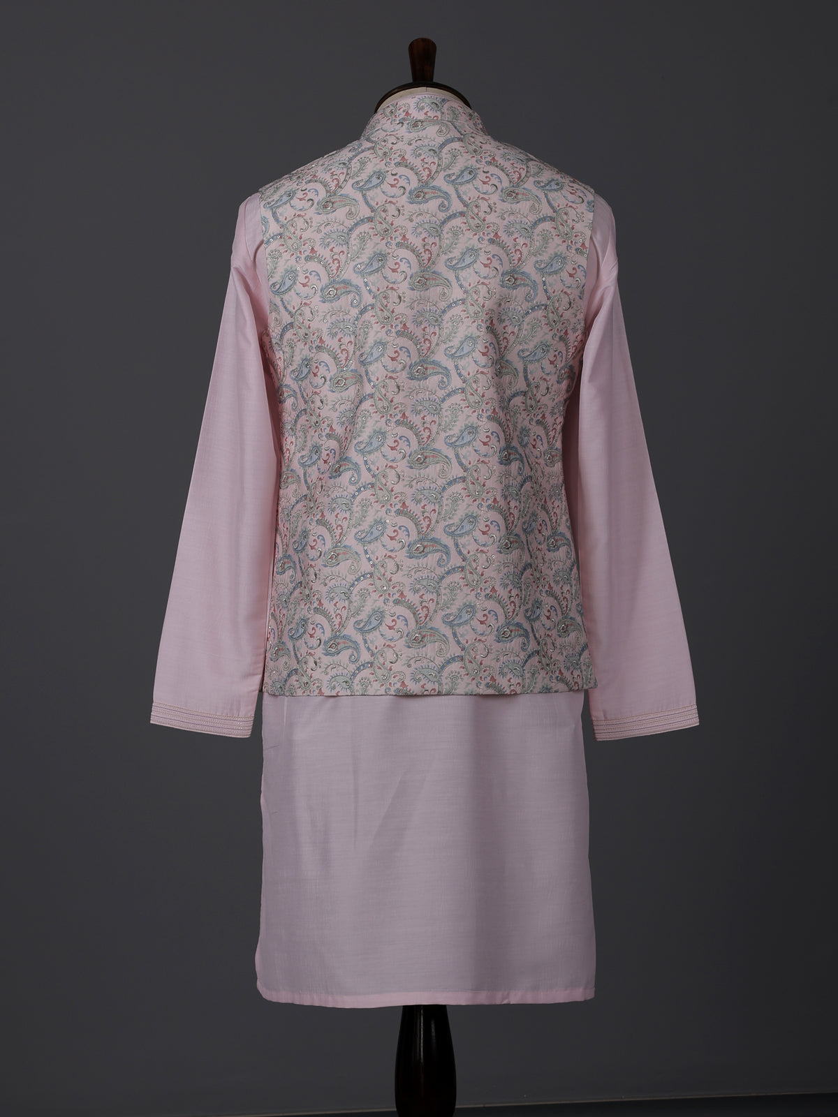 Light pink silk printed sequins festive waistcoat set