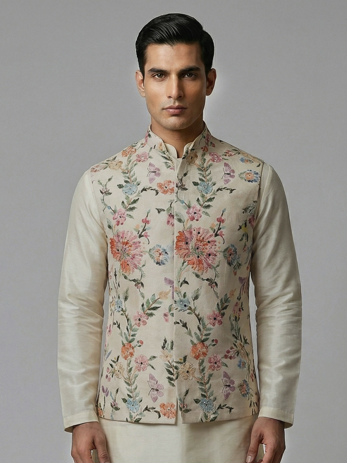 Cream silk floral mirror work festive waistcoat set