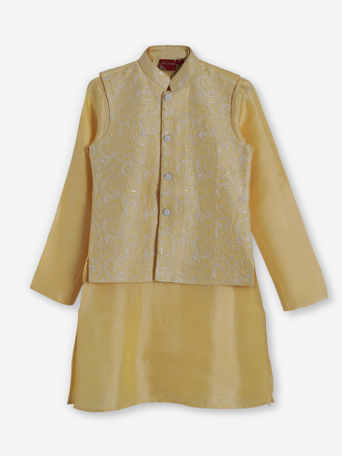Yellow silk embroidered festive waistcoat set