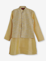 Yellow silk embroidered festive waistcoat set