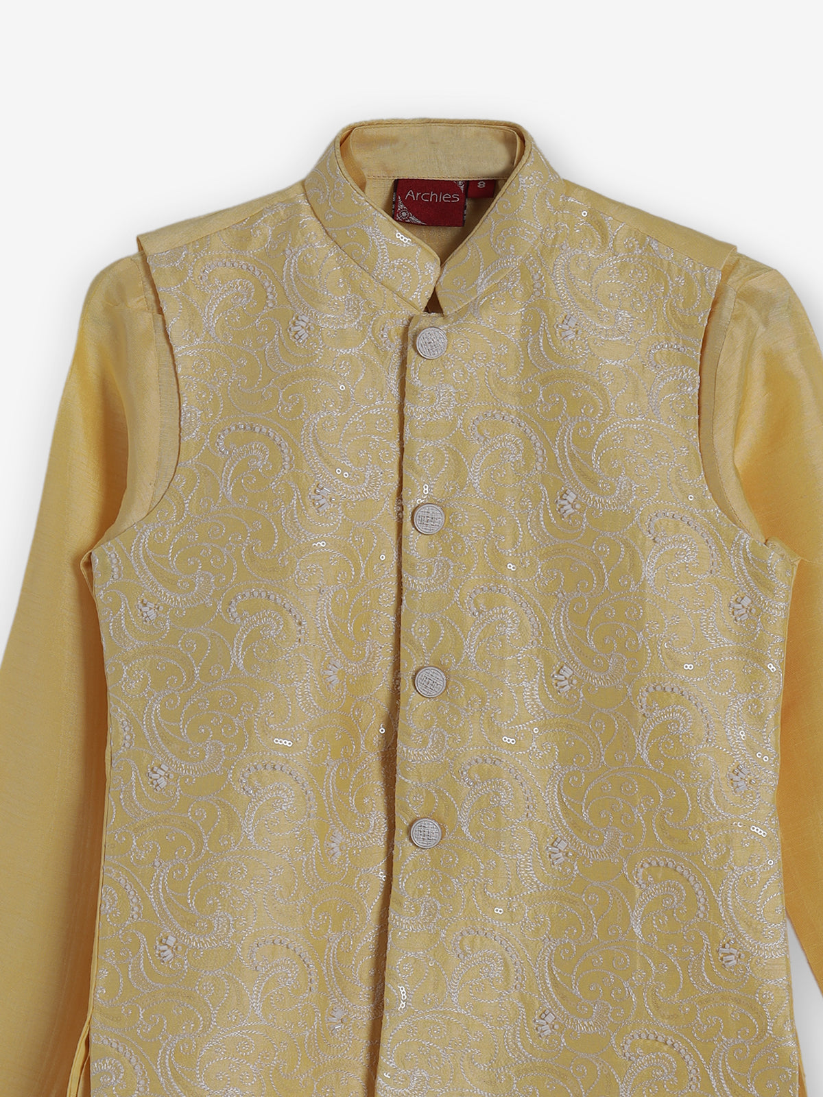 Yellow silk embroidered festive waistcoat set