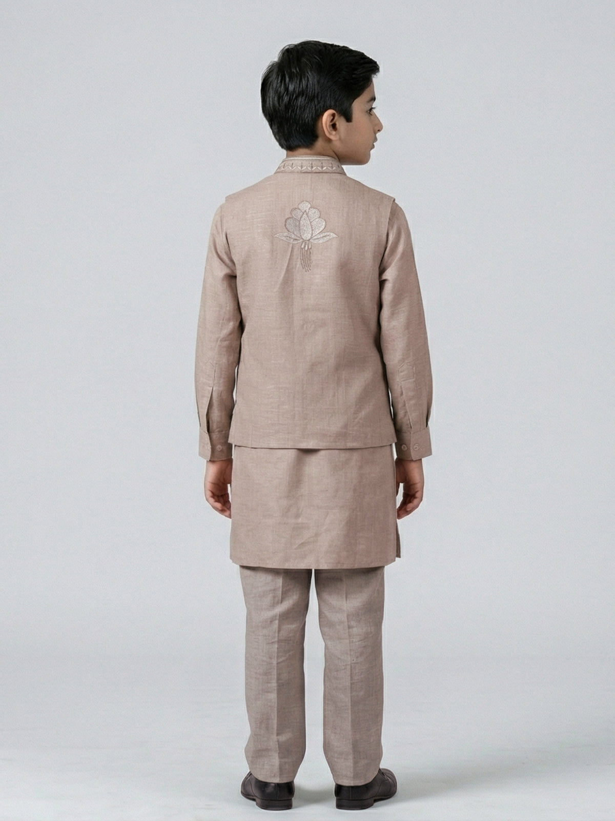 Beige linen embroidered festive wear waistcoat set