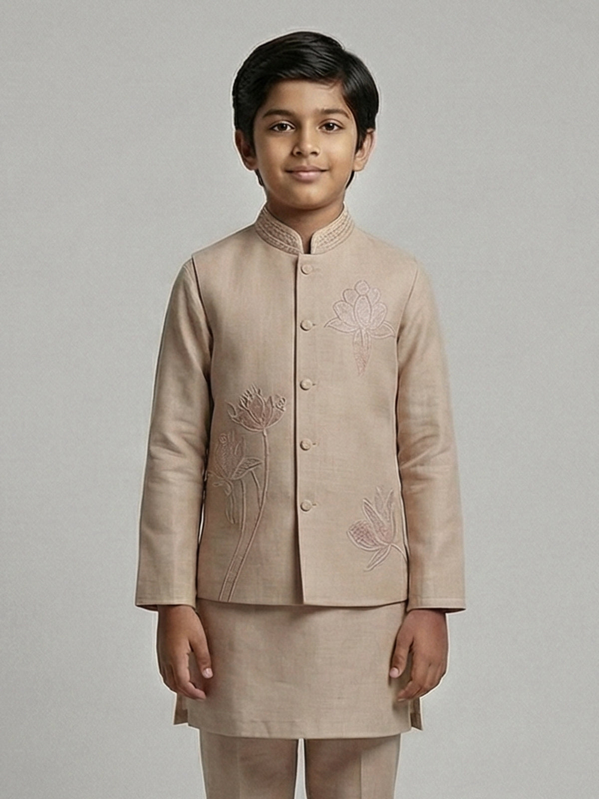 Beige linen embroidered festive wear waistcoat set