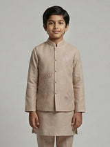 Beige linen embroidered festive wear waistcoat set