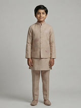 Beige linen embroidered festive wear waistcoat set