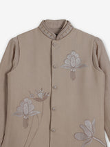 Beige linen embroidered festive wear waistcoat set