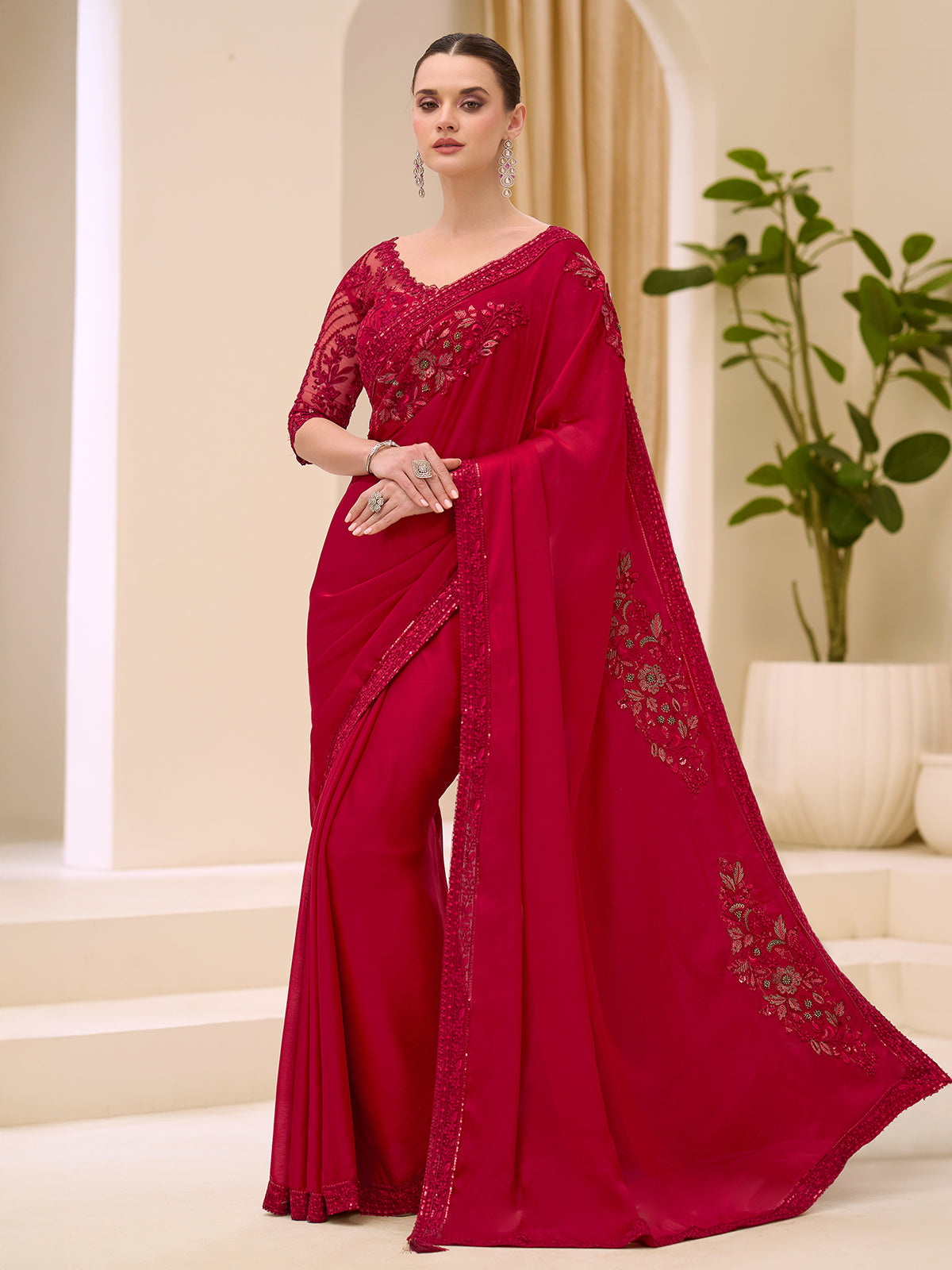 Cherry red satin chiffon party wear saree