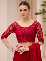 Cherry red satin chiffon party wear saree