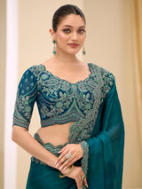 Rama green satin chiffon saree with resham and sequins