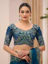 Rama green satin chiffon saree with resham and sequins