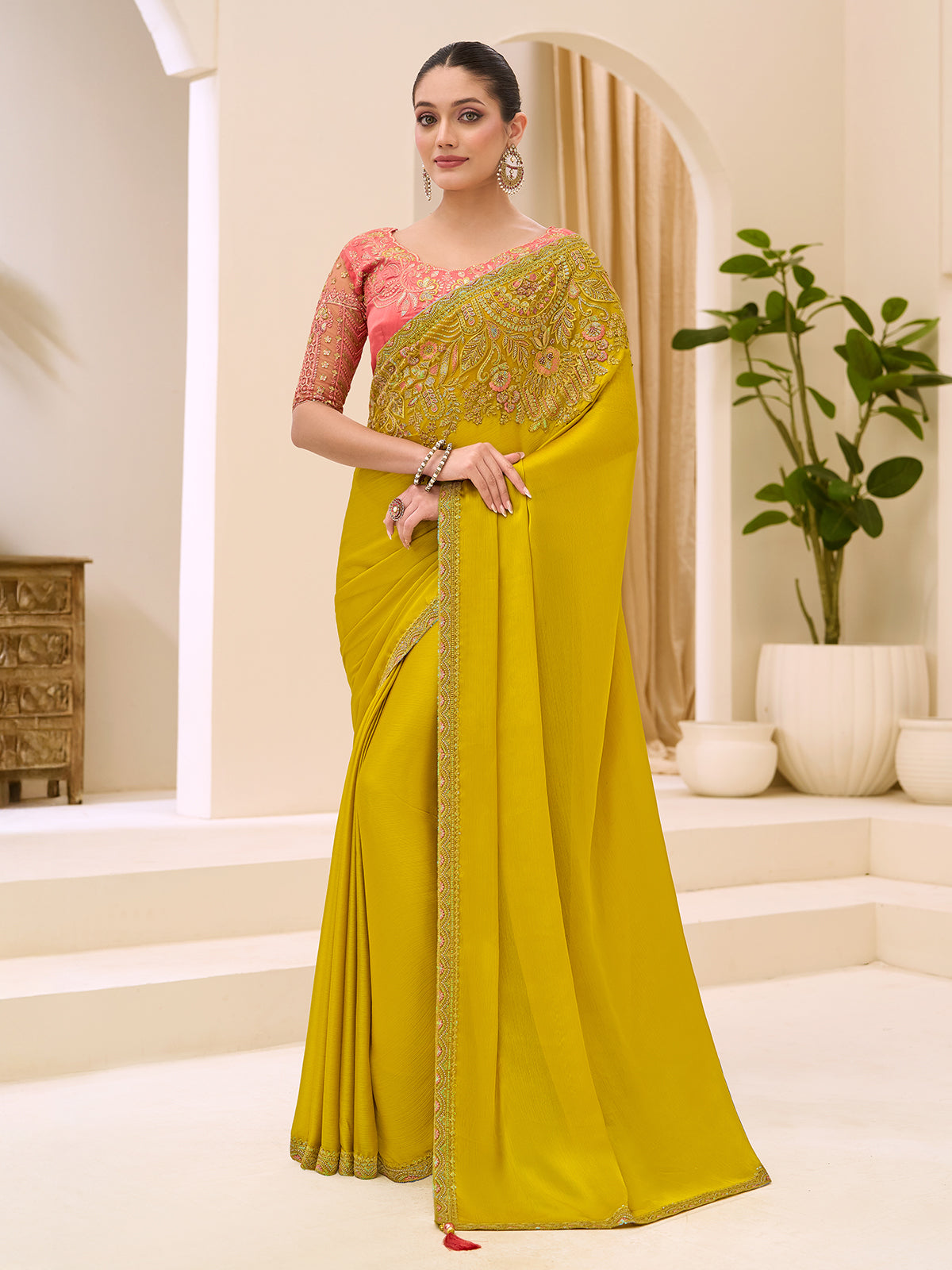 Yellow festive wear saree in satin chiffon