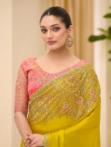 Yellow festive wear saree in satin chiffon