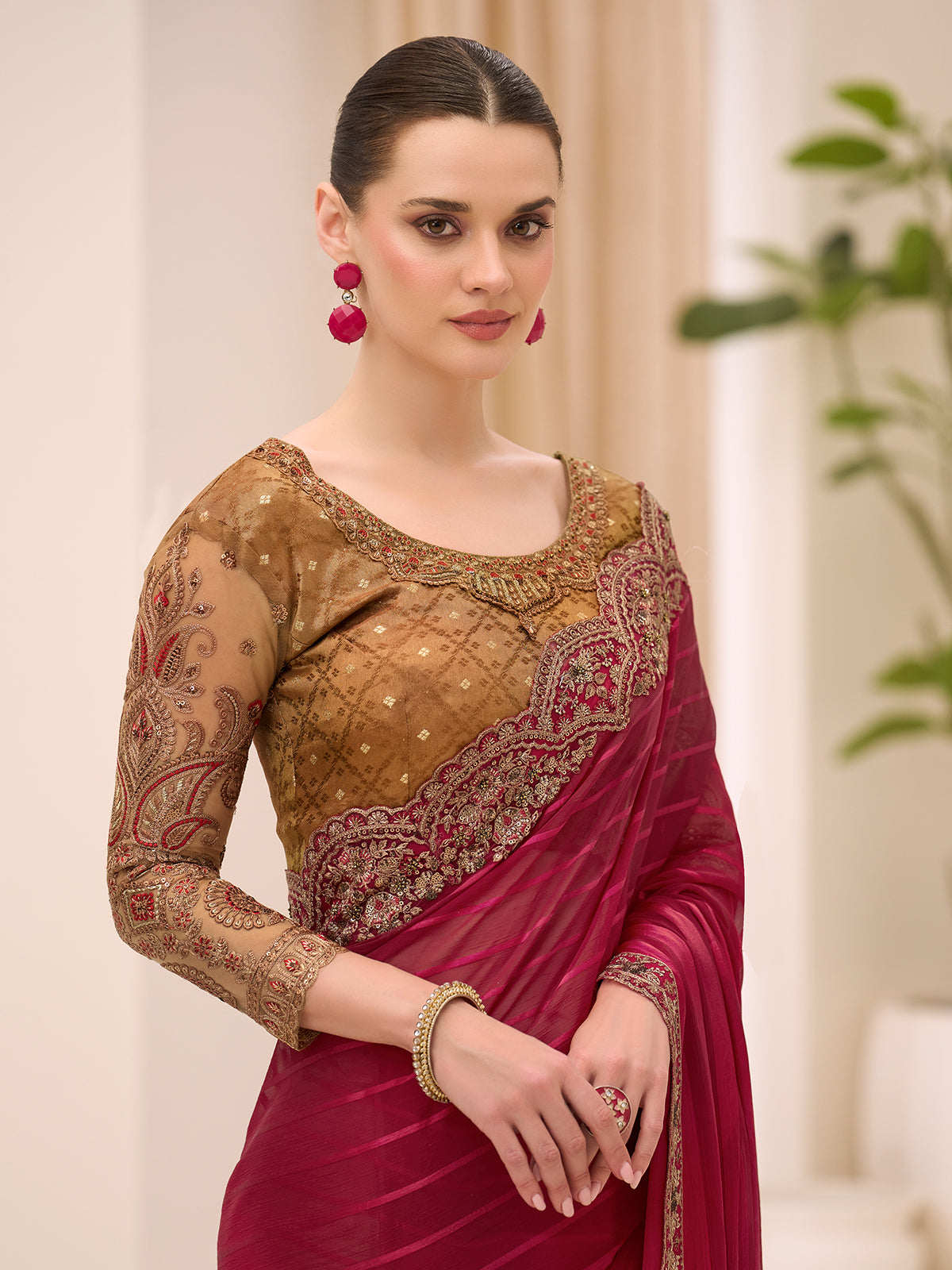Maroon georgette saree for party celebration
