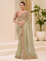 Beige festive wear tissue saree with resham embroidery
