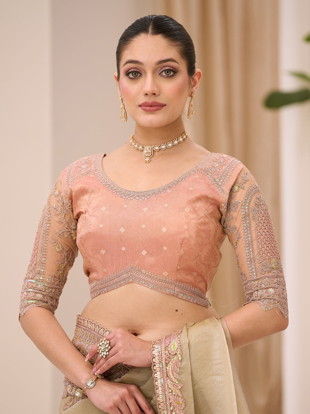 Beige festive wear tissue saree with resham embroidery