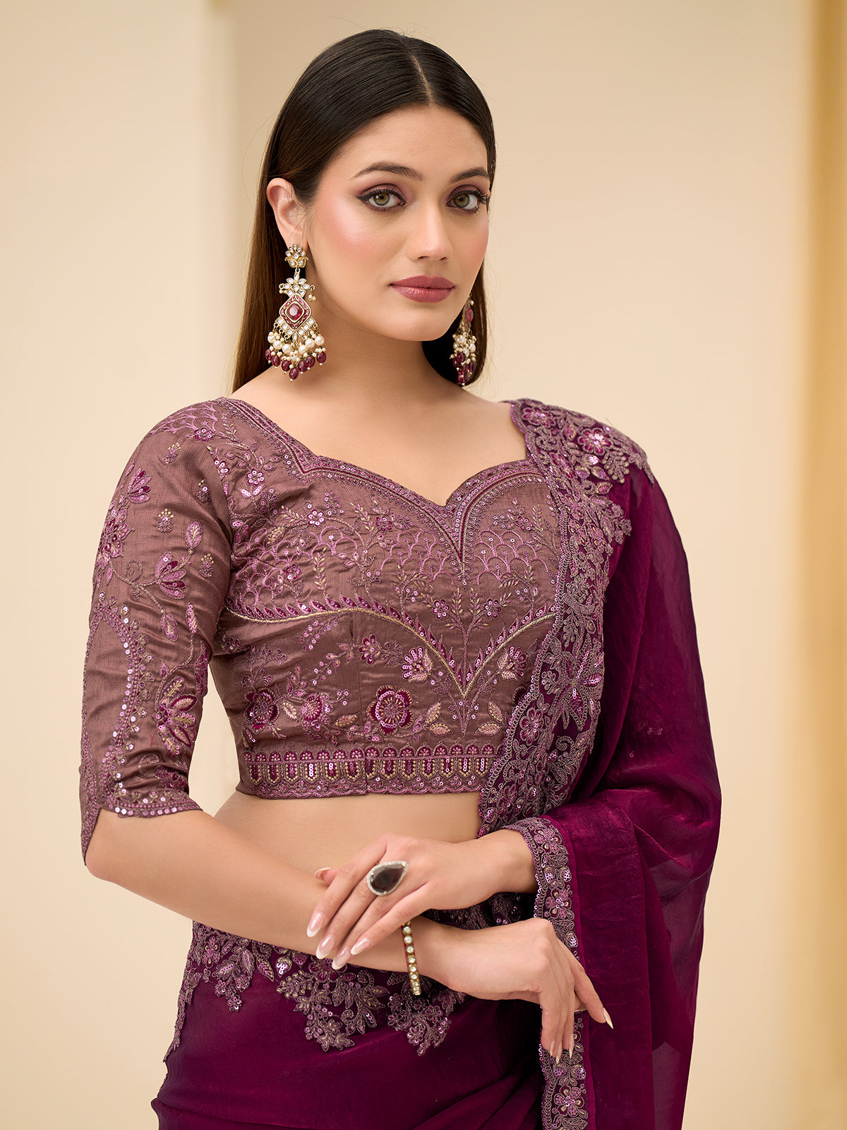 Wine party wear satin silk saree with resham detailing