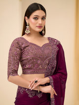 Wine party wear satin silk saree with resham detailing