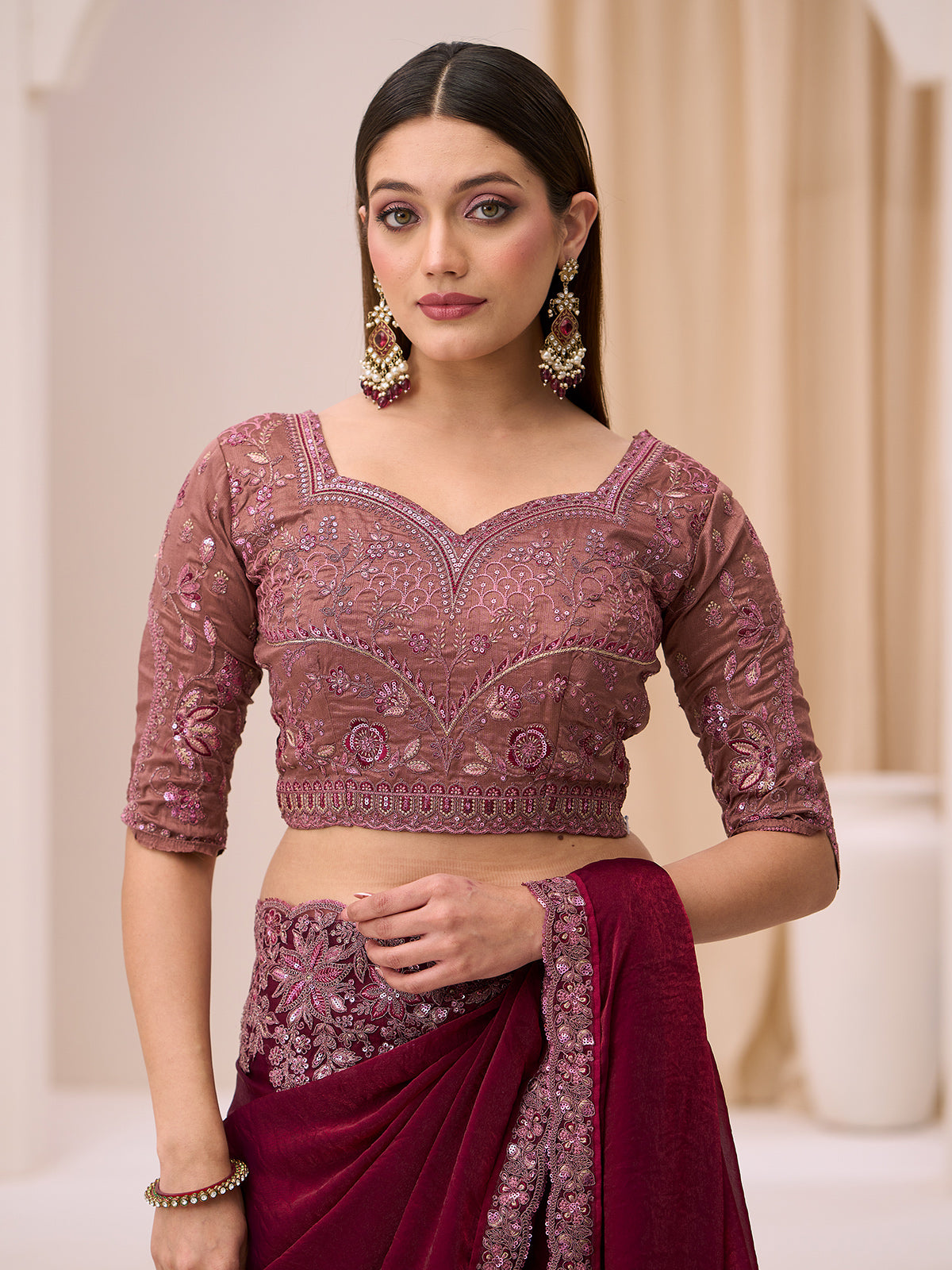 Wine party wear satin silk saree with resham detailing