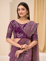 Purple georgette tissue saree with embellished border