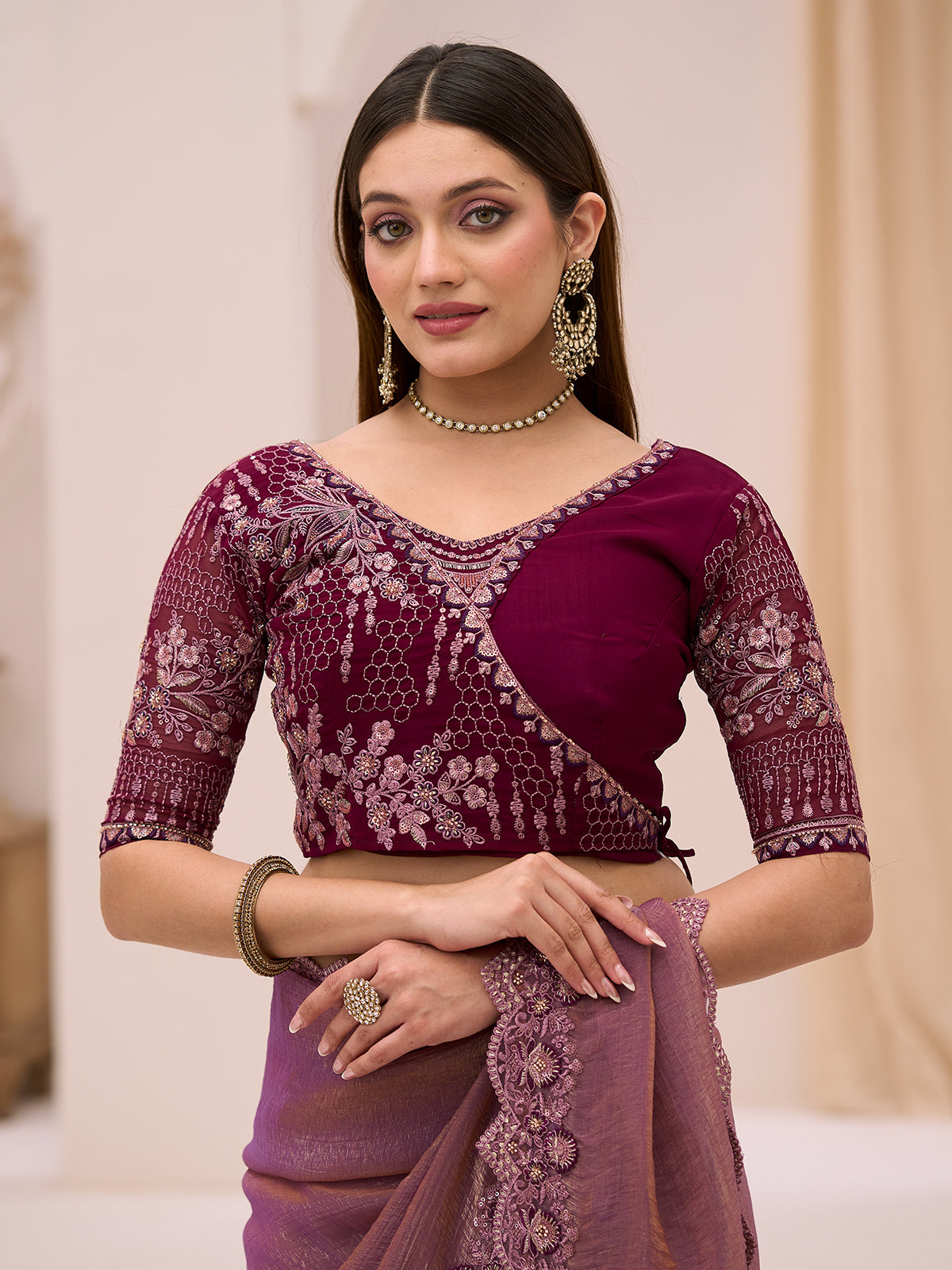 Purple georgette tissue saree with embellished border