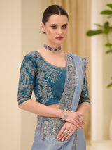 Grey satin saree with resham and sequins detailing
