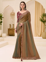 Olive green dual toned festive wear saree in georgette tissue
