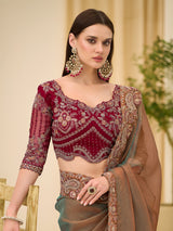 Olive green dual toned festive wear saree in georgette tissue