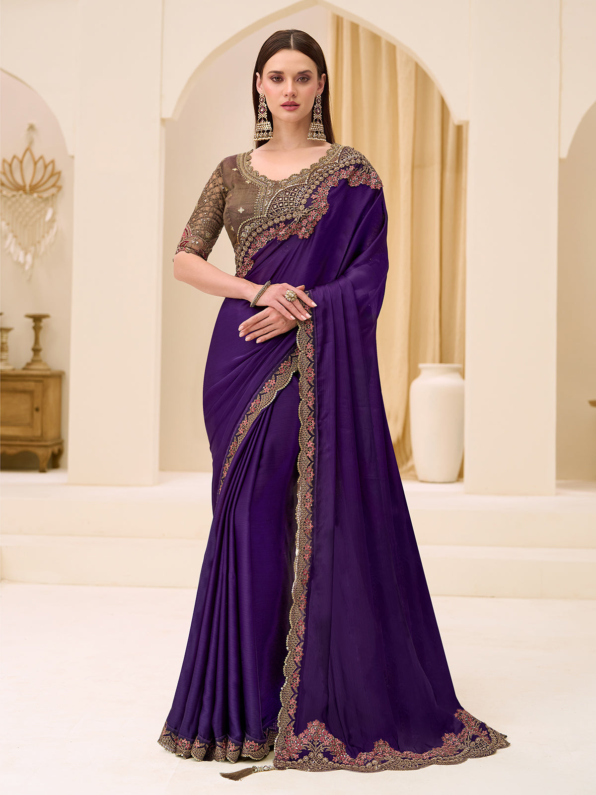 Purple satin chiffon saree with embellished border