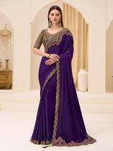 Purple satin chiffon saree with embellished border
