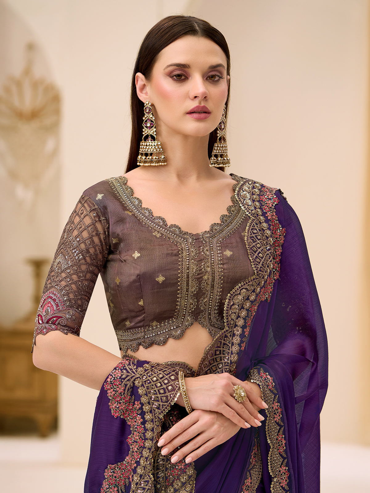 Purple satin chiffon saree with embellished border