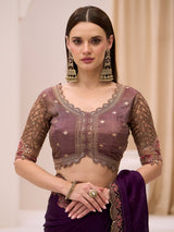 Purple satin chiffon saree with embellished border
