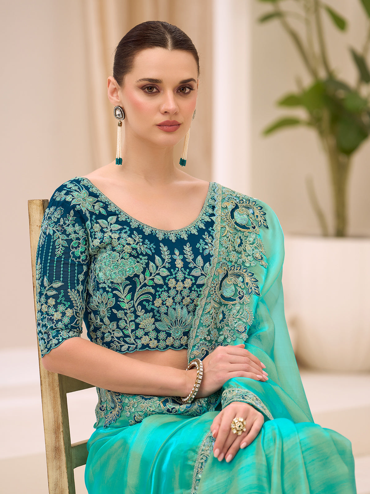 Firozi blue festive wear georgette tissue saree