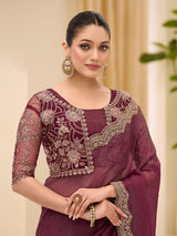 Maroon georgette saree with resham and sequins detailing