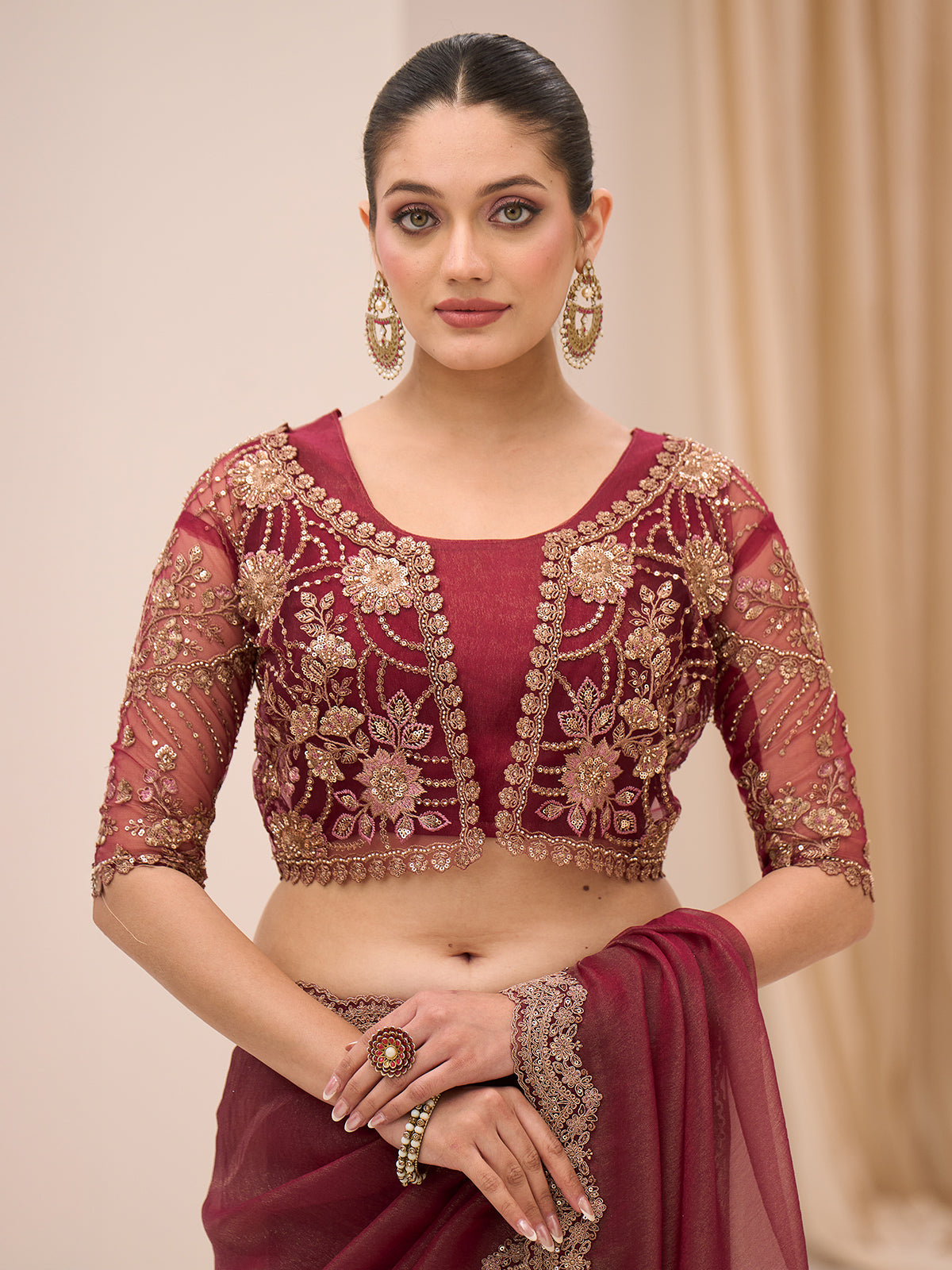 Maroon georgette saree with resham and sequins detailing
